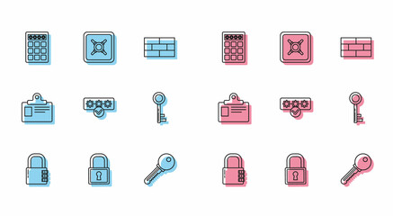 Set line Safe combination lock, Lock, Password protection and safety access, Key, Identification badge and icon. Vector