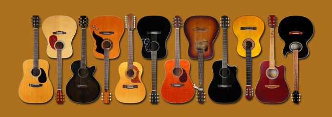 Musical instrument - Banner, collage. Front view classic vintage acoustic guitars. Isolated in brown