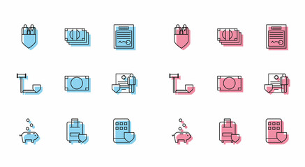 Set line Piggy bank with coin, Traveling baggage insurance, Family shield, Smartphone, Stacks paper money cash, Medical clipboard clinical record, Judge gavel and icon. Vector