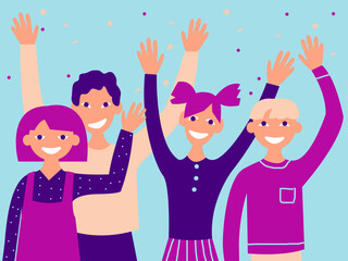 Vector graphics - four teenagers - two boys and two girls wave their hands in greeting and smile happily. Concept - friendly team or back to school