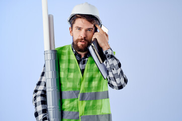 male worker construction work design profession blue background