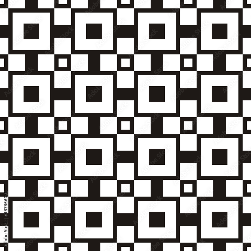Poster White square shapes harmoniously create a strict decorative minimalistic pattern. Black background and repeating squares in white.