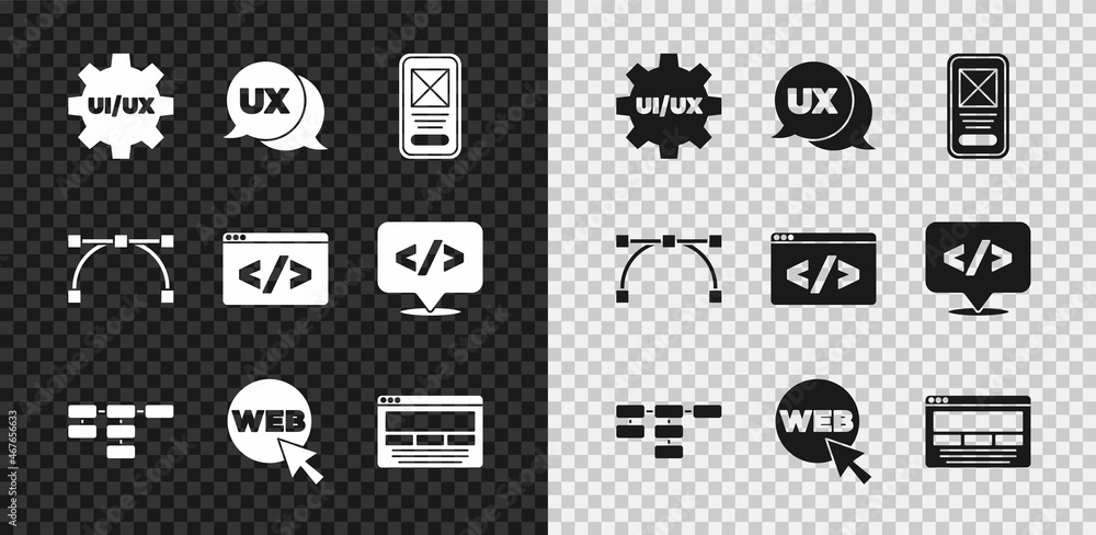 Poster set ui or ux design, site map, web and graphic, bezier curve and front end development icon. vector