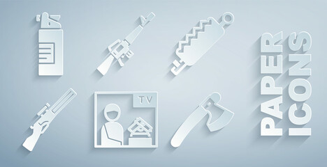 Set Advertising weapon, Trap hunting, Hunting gun, Wooden axe, M16A1 rifle and Weapons oil bottle icon. Vector