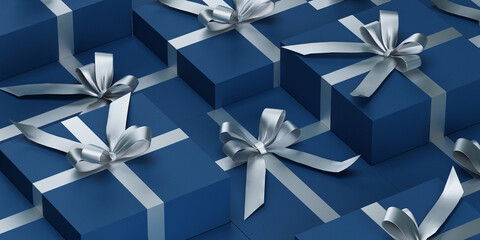 Gift box blue background.decorative for festival, banner, web poster, flyer, stylish brochure, greeting card, cover. 3d render illustration