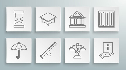 Set line Umbrella, Graduation cap, Police rubber baton, Scales of justice, Oath the Holy Bible, Courthouse building, Prison window and Old hourglass icon. Vector