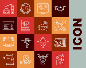 Set line Worker robot, Drone flying with action camera, Bot, User manual, Software, web developer programming code, Industrial machine robotic arm hand and Mechanical icon. Vector