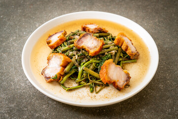  Stir-fried water mimosa with crispy pork belly
