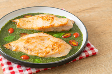 grilled chicken steak with pesto sauce
