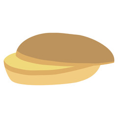 A jpeg illustration of a halved round bun isolated on transparent background. Designed in brown and beige colors for web concepts, prints, templates