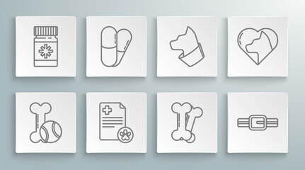 Set line Pet toys bone rubber and ball, Dog pills, Clipboard with medical clinical record pet, Collar name tag, Cat, Heart cat and medicine bottle icon. Vector