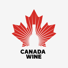 Wine logo design vector template illustration with red Canada maple leaf and wine bottle
