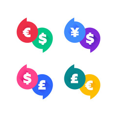 USD, EUR, GBP and JPY money sign symbols. Banner badges, various colors. Dollar, Euro, Pound and Yen currency icons. Chat bubble vector shape. 