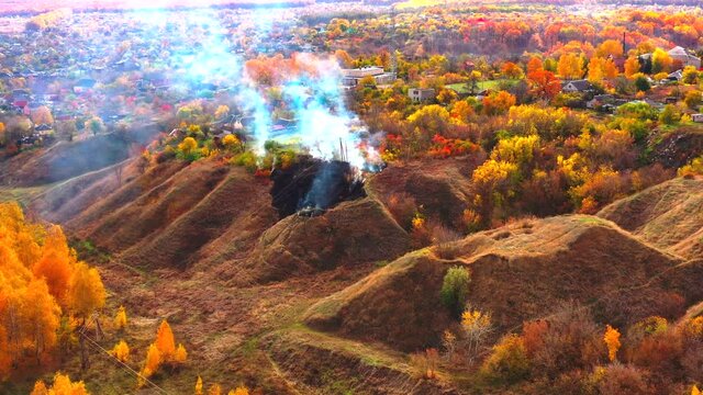 Autumn landscape. Arboretum them. Dokuchaev. 4K aerial photography.