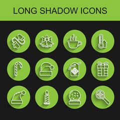 Set line Christmas Santa Claus hat, Pair of knitted christmas mittens, snow globe with fallen snow, Magnifying glass snowflake, Gift box and Price tag inscription Sale icon. Vector