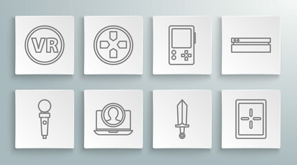 Set line Joystick for arcade machine, Gamepad, Create account screen, Sword game, Tablet, Portable video console, Video and Virtual reality glasses icon. Vector