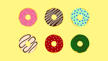 Donut Vector Set. Glazed  Doughnut Pack. Pink Chocolate Classic Stars. Flat Cartoon Illustration