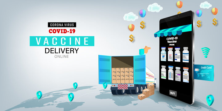 Vaccine on Mobile Application , Covid-19 vaccine Online on smartphone. Online order tracking,Delivery home and office. City logistics. Warehouse, courier. vector illustration.
