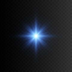 Blue star with sparkles. Vector transparent glow light effect.