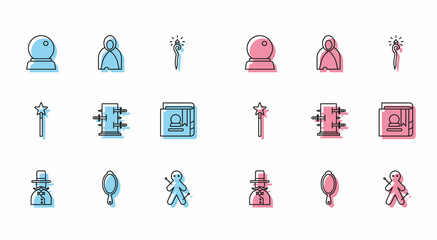 Set line Magician, hand mirror, ball, Voodoo doll, Trunk for magic tricks, Ancient book, wand and Mantle, cloak, cape icon. Vector