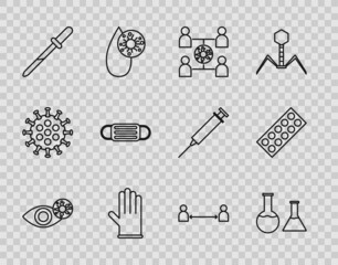 Set line Reddish eye due to virus, Test tube and flask, Virus spread, Medical rubber gloves, Pipette, protective mask, Safe distance and Pills in blister pack icon. Vector
