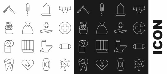 Set line Virus, Medical protective mask, Cross hospital medical, Condom, Garbage bag, Cotton swab for ears, Straight razor and icon. Vector