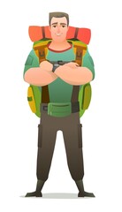 Man tourist backpacker. Guy with backpack on his back. Cheerful person. Standing pose. Cartoon comic style flat design. Single character. Illustration isolated on white background. Vector