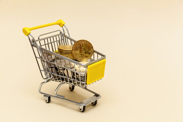 Metal shopping cart on a beige background.