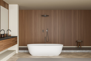 Naklejka na ściany i meble Light bathroom interior with sink and mirror, tub and douche