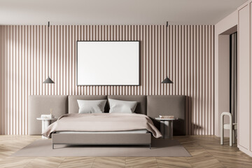 Fototapeta na wymiar Horizontal canvas in beige bedroom with wall panelling