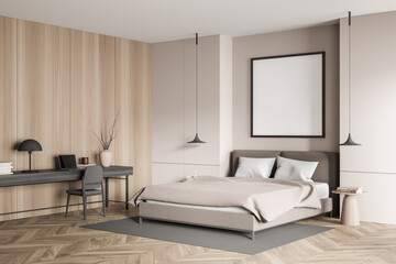 Fototapeta na wymiar Empty square frame in beige bedroom with home office desk. Corner view.