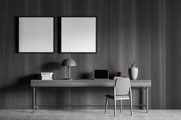 Dark grey home office with two square mockups