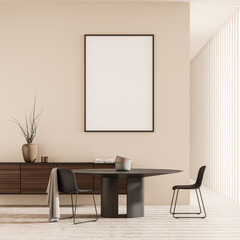 Bright dining room interior with empty white poster, two chairs