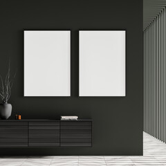 Dark gallery room interior with two empty white posters, sideboard