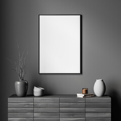Grey living room wall with canvas and sideboard