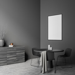 Mockup in dark grey living room with dining table. Corner view.