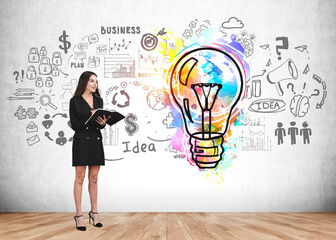 Businesswoman take notes, colourful lightbulb sketch doodle on concrete wall