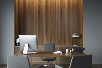 Classy grey office with empty wood niche