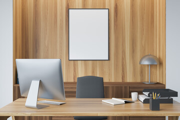 Fototapeta premium Wood and white office with canvas on wall with niche sideboard