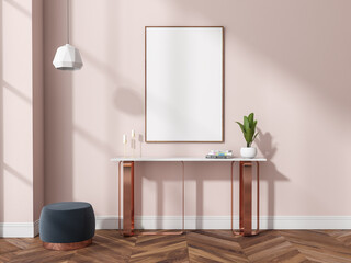 Canvas in pink bedroom with console table and black padded stool