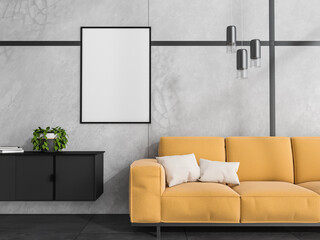 Canvas on wall in black and white living room with yellow couch