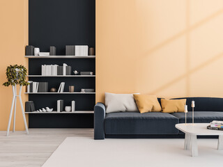 Yellow and blue living room with niche shelving