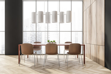 Bright dining room interior with panoramic window with Singapore view