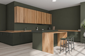 Green kitchen interior with table and two chairs on parquet floor