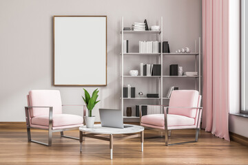 Two armchairs in white and light pink living room with empty frame