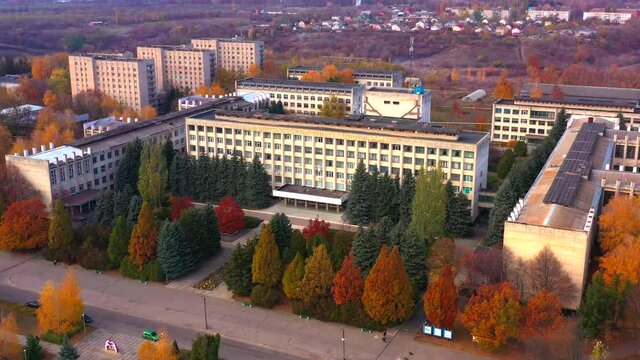 Autumn landscape. Arboretum them. Dokuchaev. 4K aerial photography.