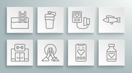 Set line Gym building, Fitness shaker, Meditation, Mobile with heart rate, Vitamin pill, Blood pressure, Fish and Swimming pool ladder icon. Vector