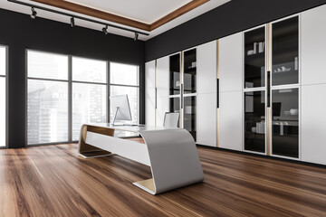 Futuristic CEO office with copper details. Corner view.