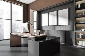 Dark office room interior with three empty white posters