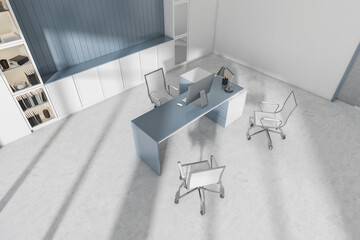 Top view of modern white and blue executive office